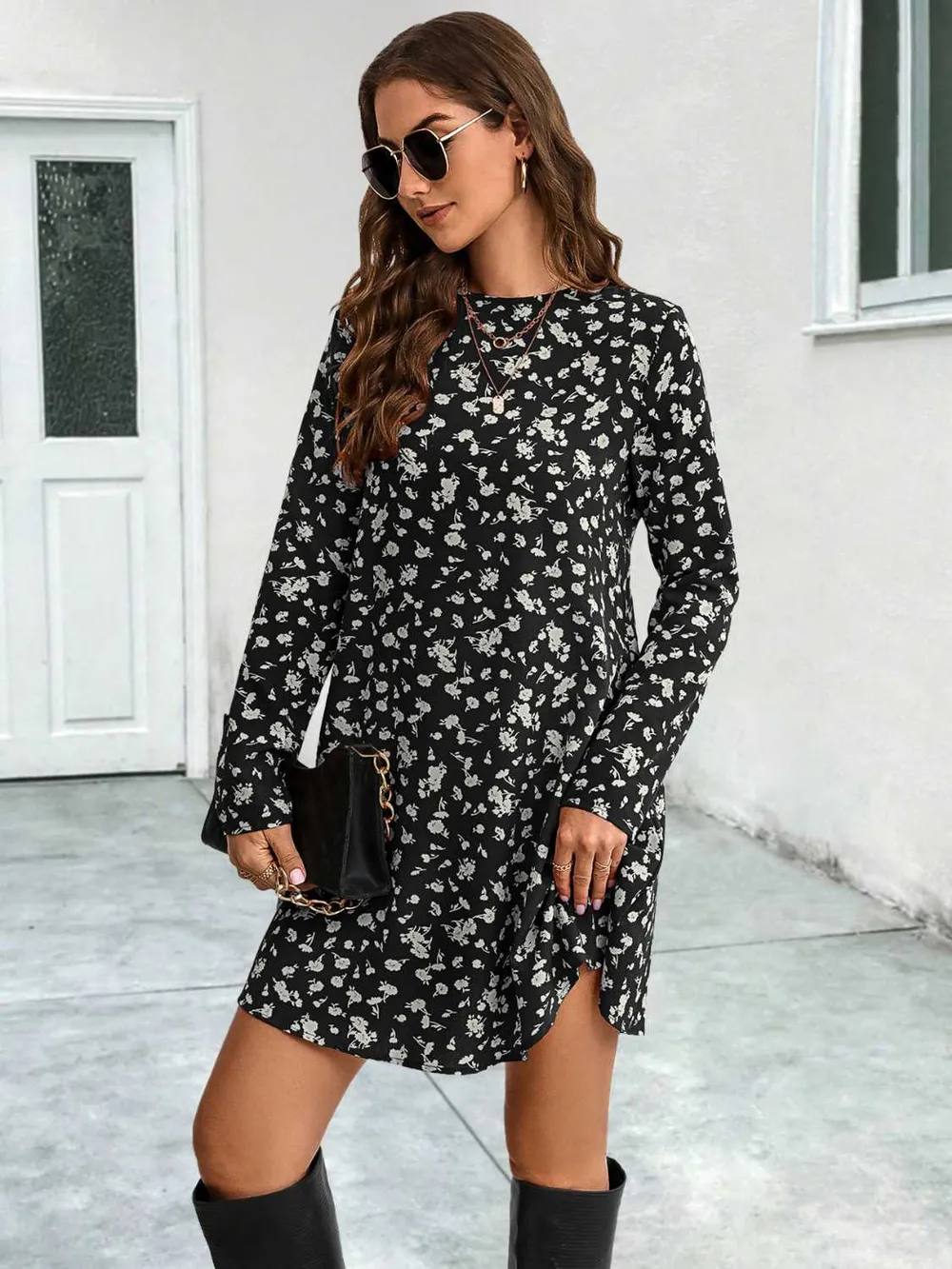 Round Neck Long Sleeve Mini Dress, image 4