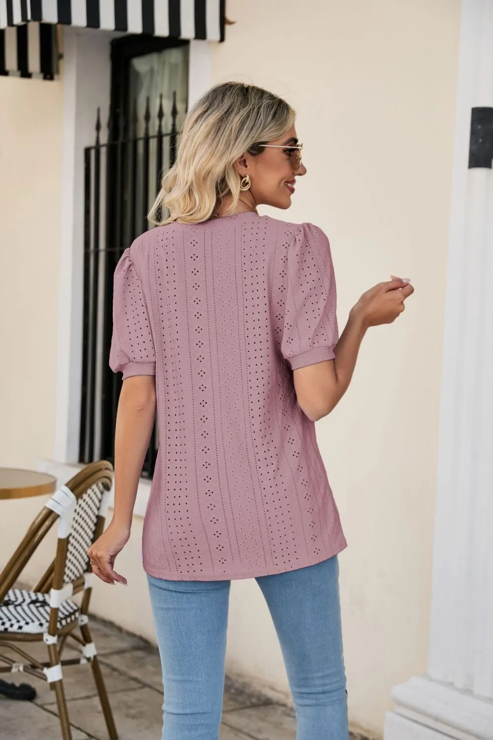 Eyelet Puff Sleeve V-Neck Top, image 15