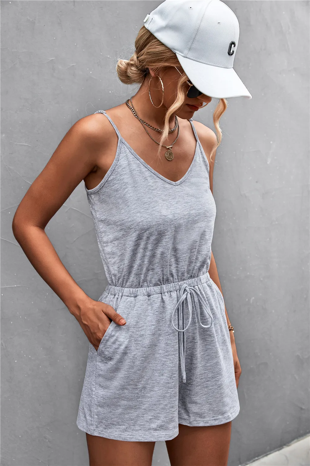Spaghetti Strap V-Neck Pocket Romper, image 8