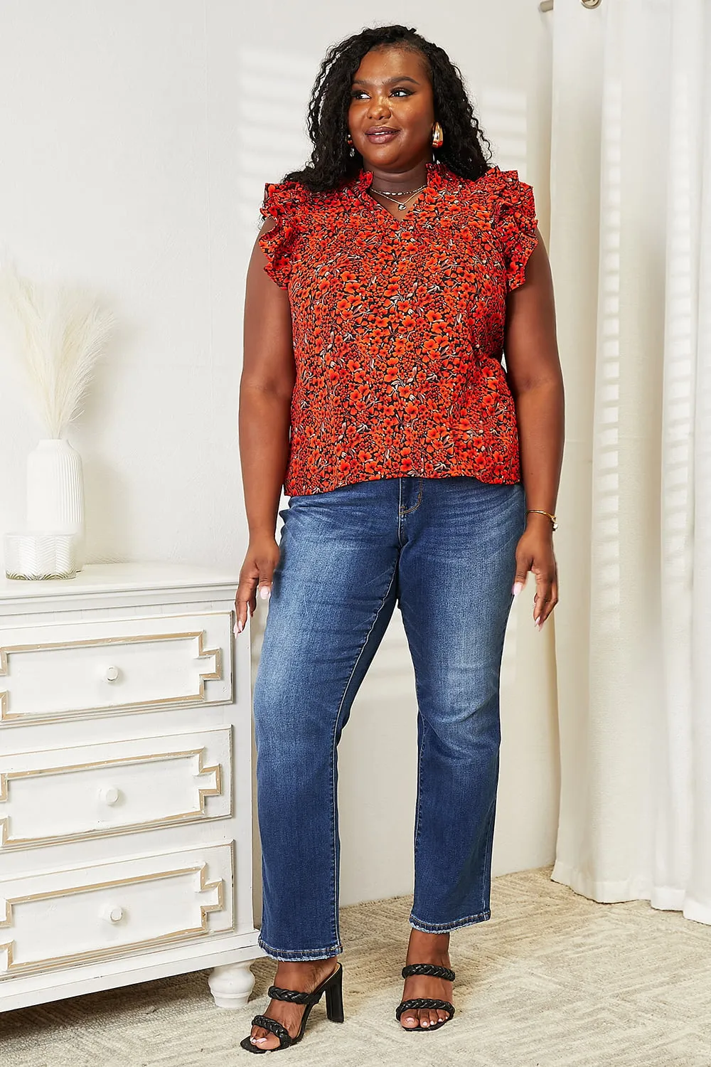 Floral Flutter Sleeve Notched Neck Blouse, image 11