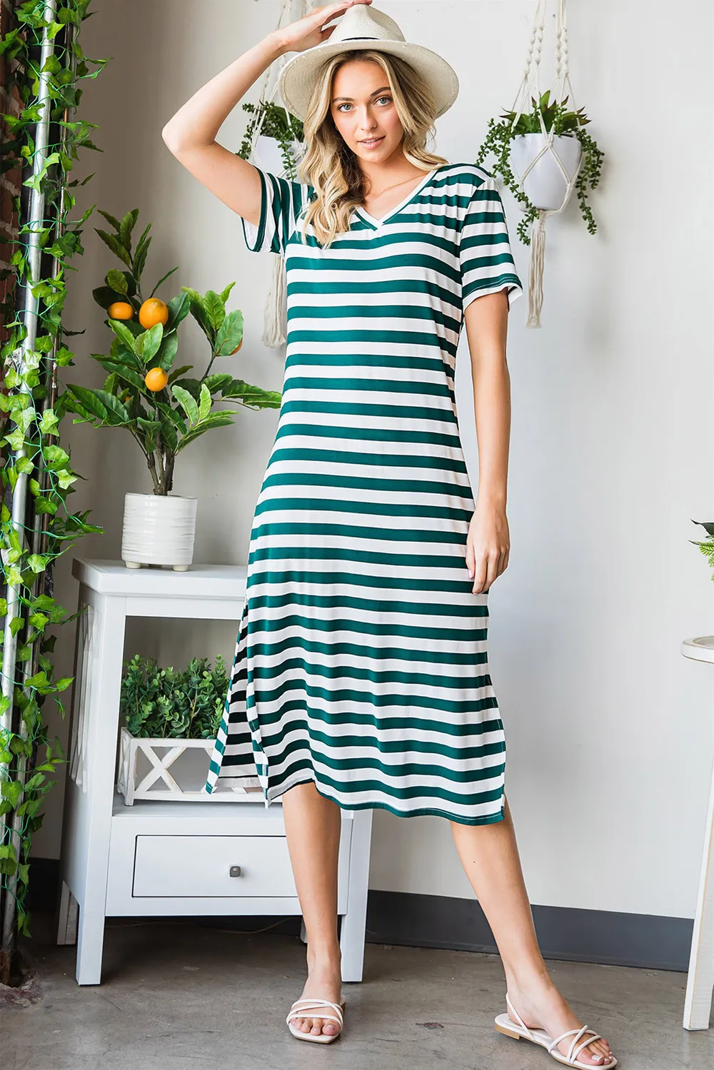 Striped V-Neck Short Sleeve Side Slit Dress, image 9