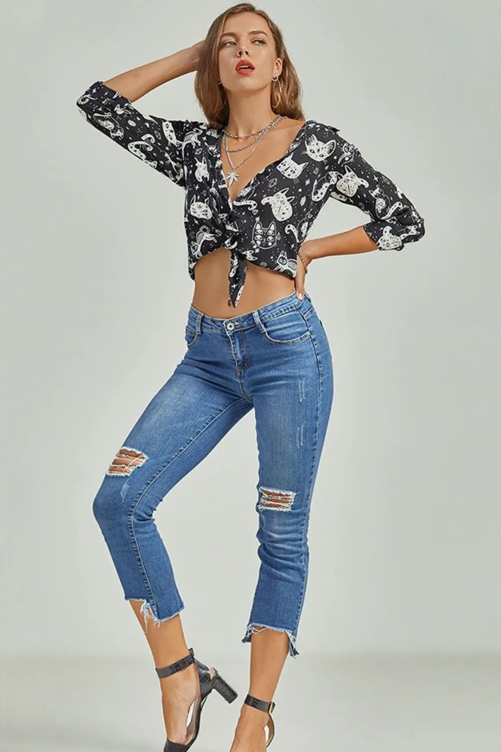 Cat Print Button-Up Shirt, image 4