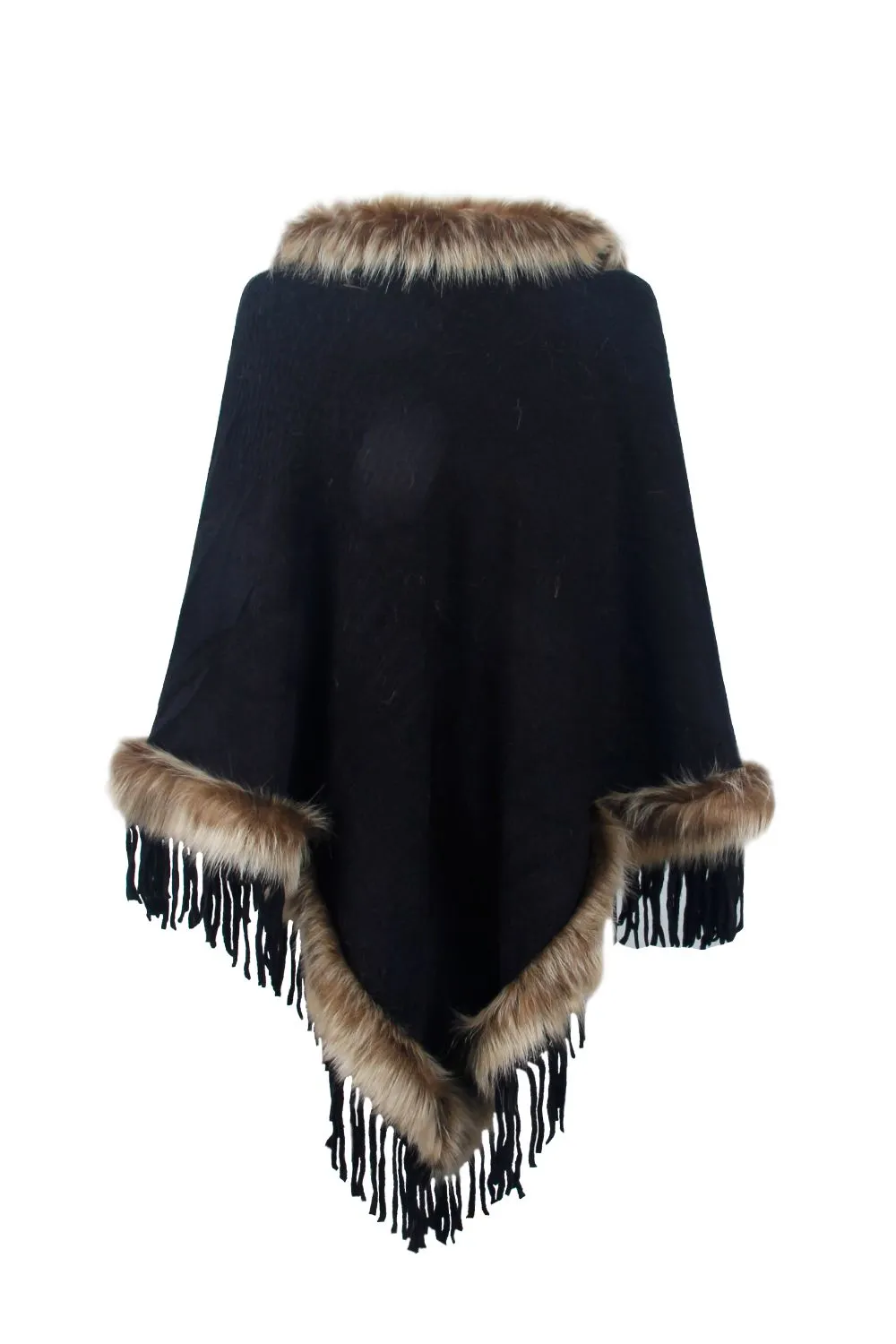 Faux Fur Trim Fringed Poncho, image 8