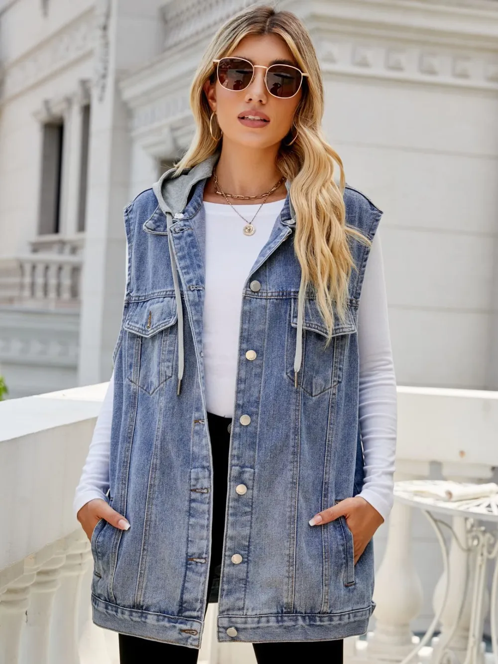 Drawstring Hooded Sleeveless Denim Top with Pockets, image 8