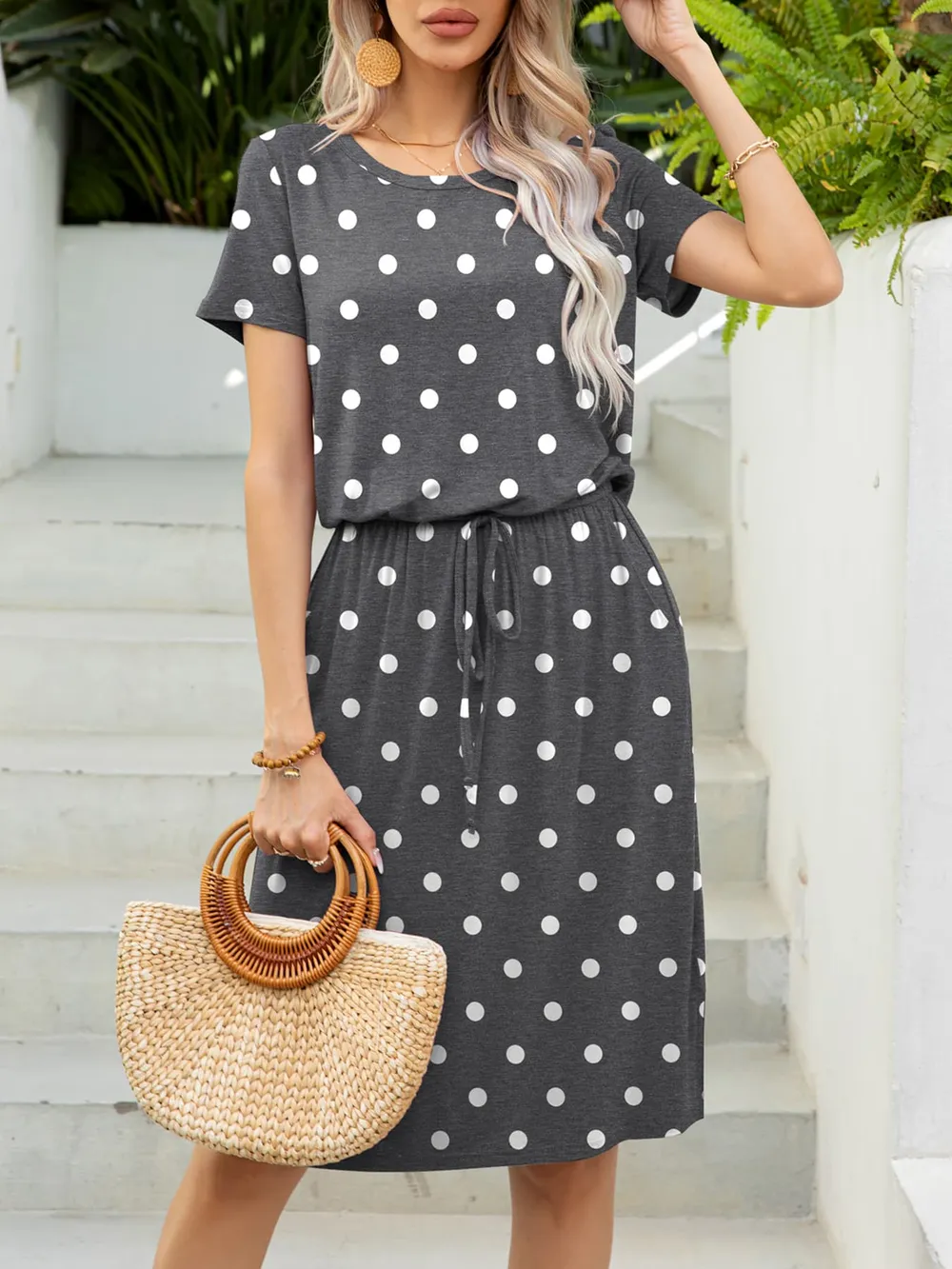 Round Neck Short Sleeve Slit Dress with Pockets, image 12
