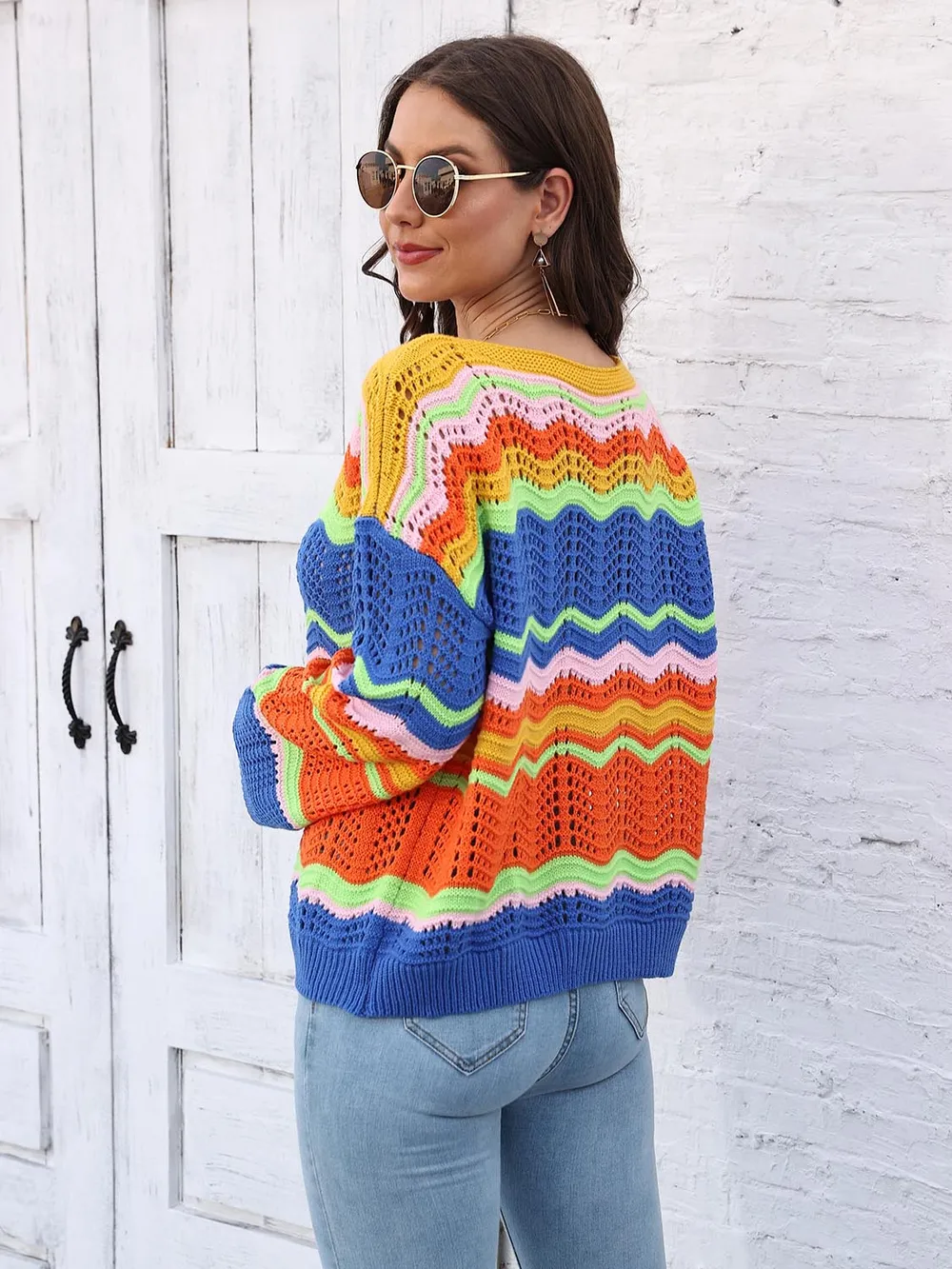 Openwork Round Neck Knit Top, image 3