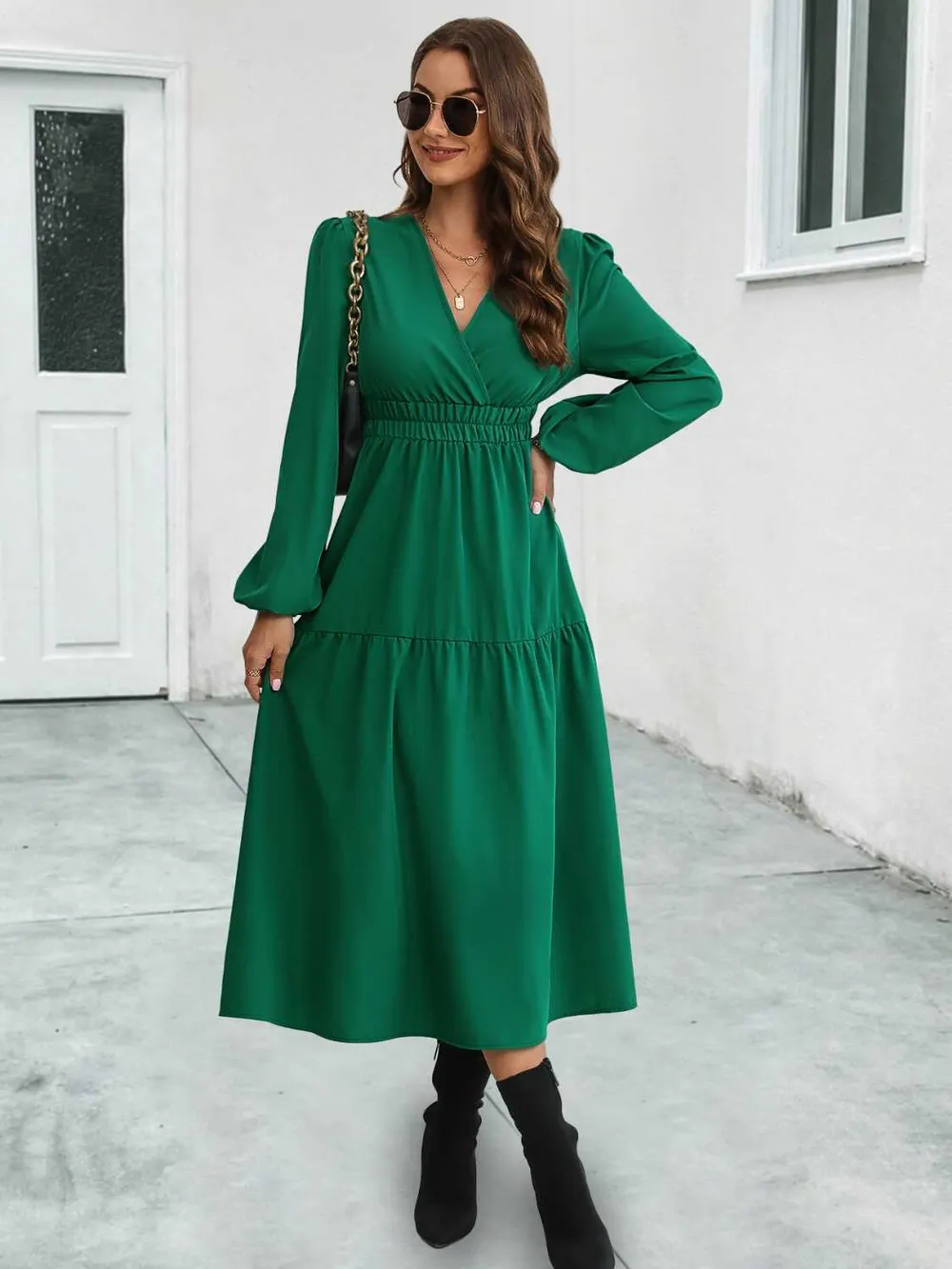 Surplice Neck Long Sleeve Midi Dress, image 7