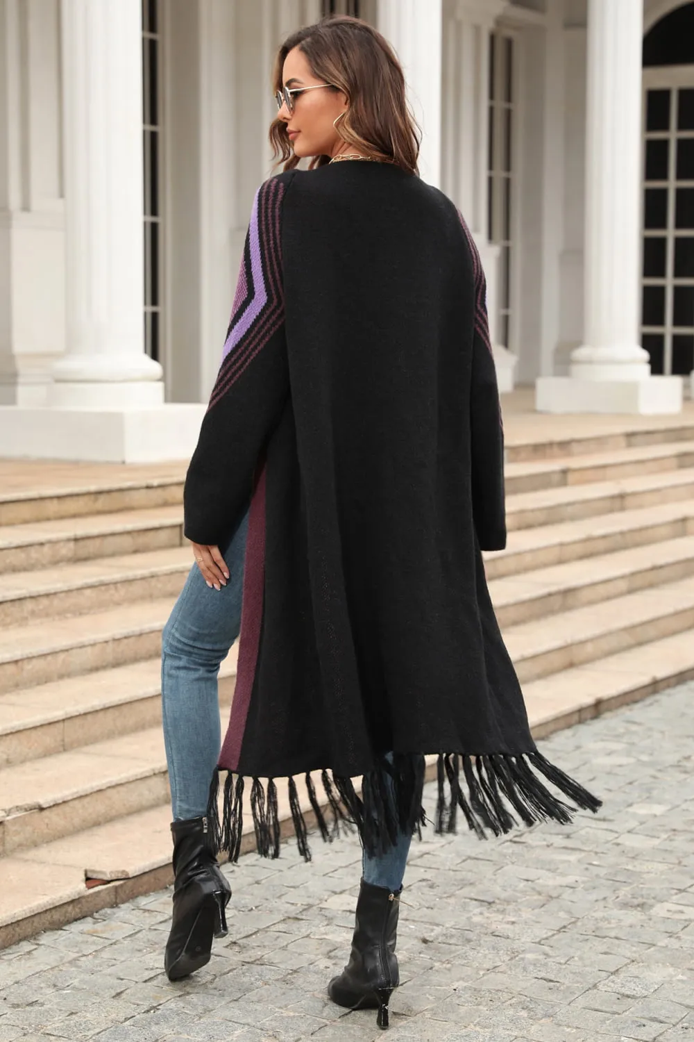 Geometric Fringe Hem Open Front Duster Cardigan, image 16