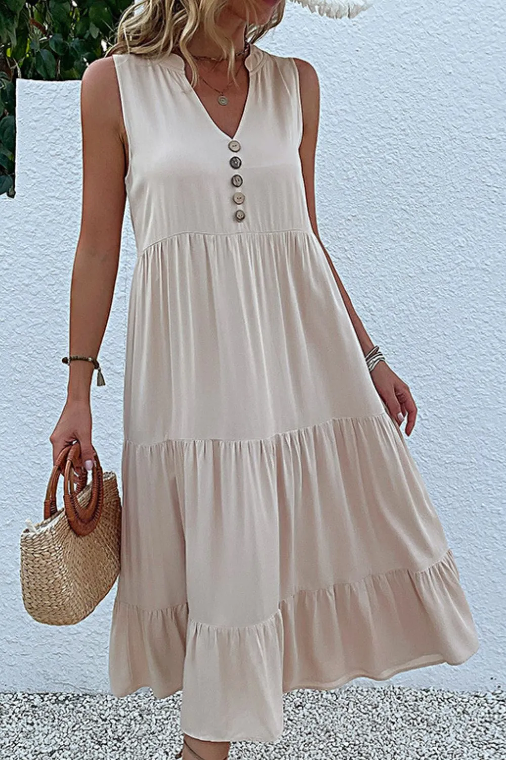 Decorative Button Sleeveless Tiered Dress, image 4