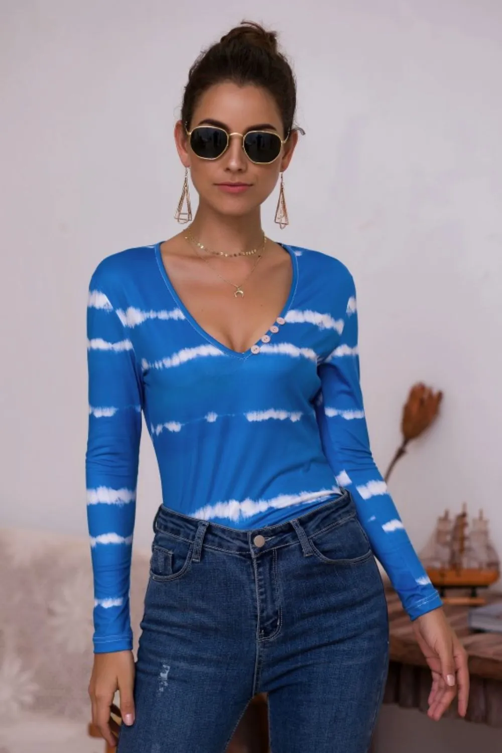 Tie-Dye Plunge Long Sleeve Top, image 10