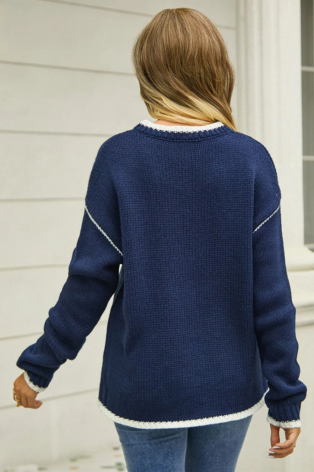 Round Neck Long Sleeve Waffle-Knit Sweater, image 3