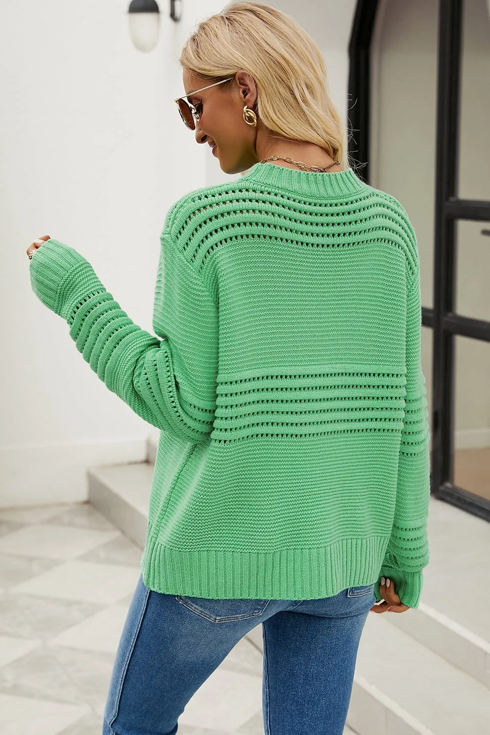 Round Neck Openwork Long Sleeve Pullover Sweater, image 9