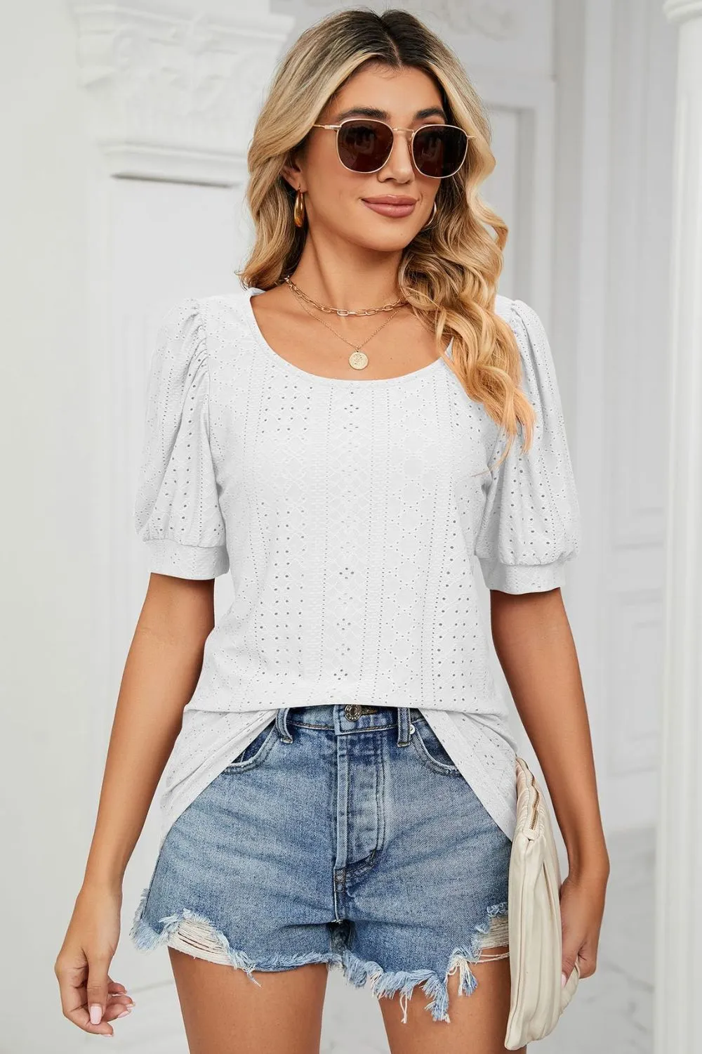 Eyelet Puff Sleeve Round Neck Top, image 10