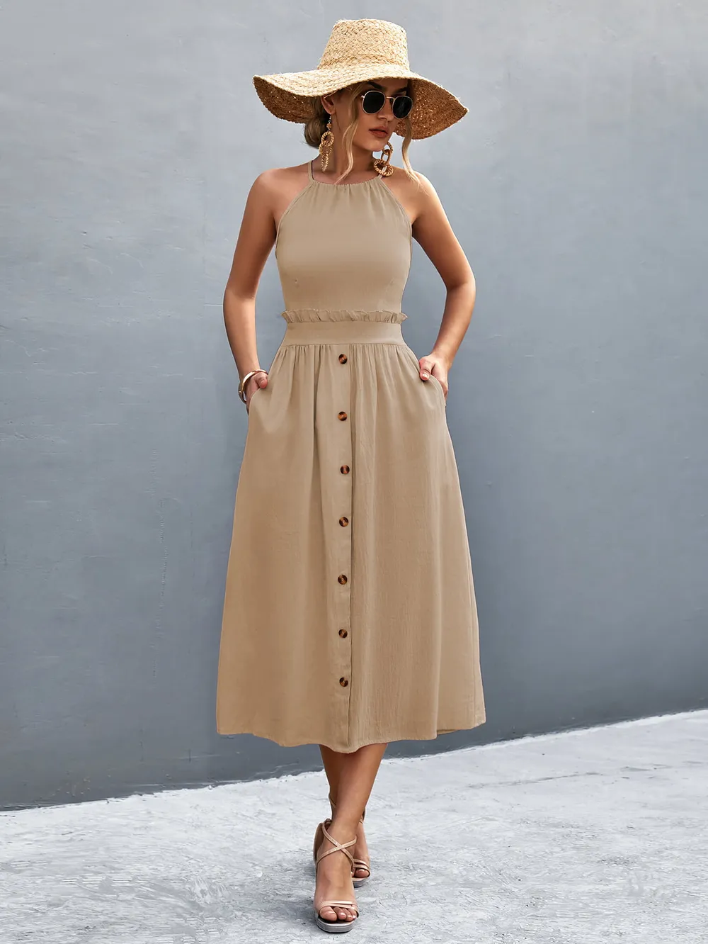 Buttoned Halter Neck Frill Trim Midi Dress, image 9
