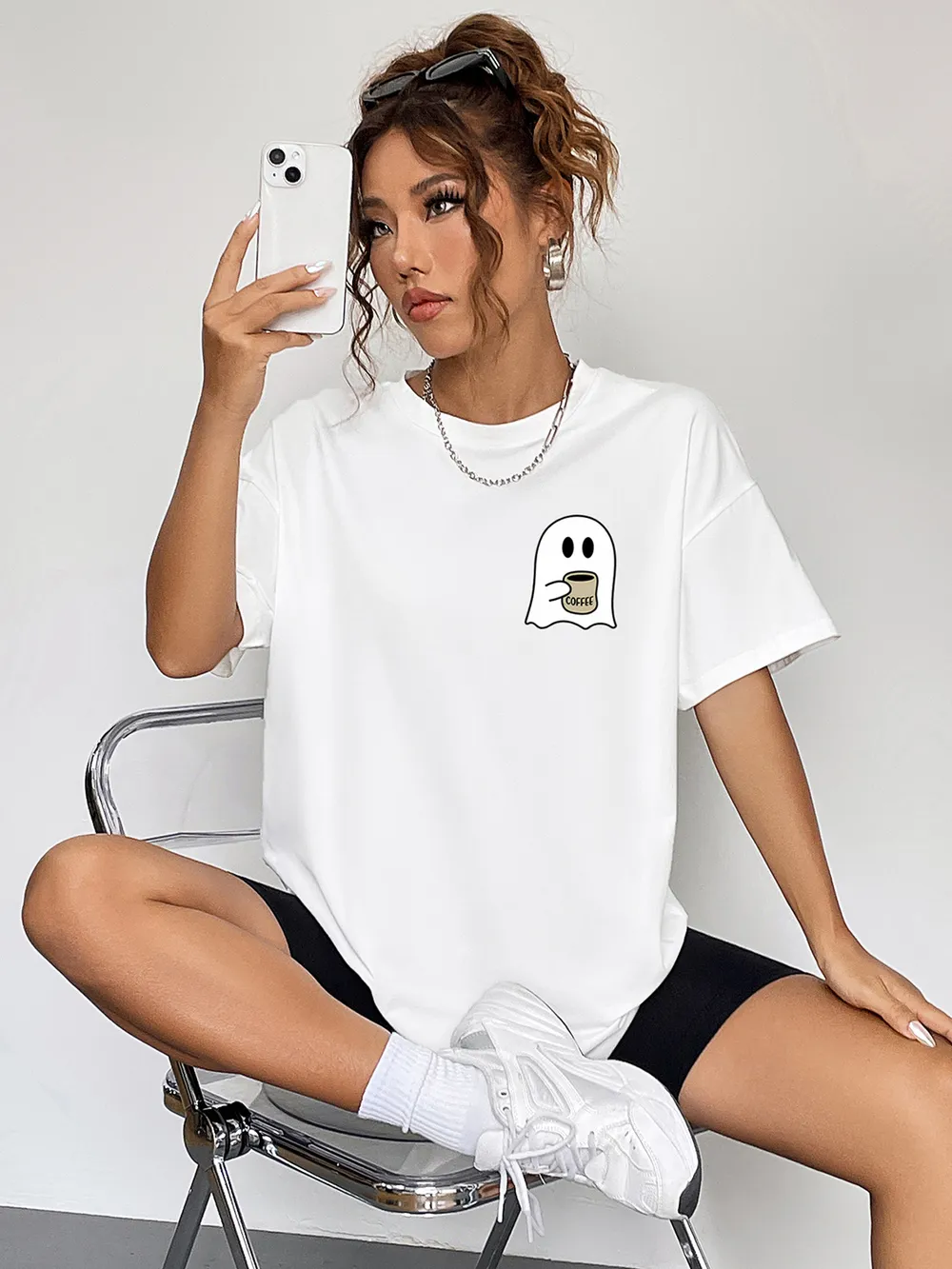 Round Neck Short Sleeve Ghost Graphic T-Shirt, image 2