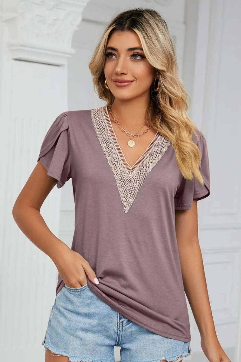 Contrast Trim Petal Sleeve V-Neck Top, image 6
