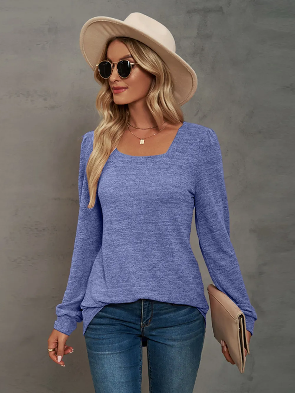 Heathered Square Neck Long Sleeve T-Shirt, image 7