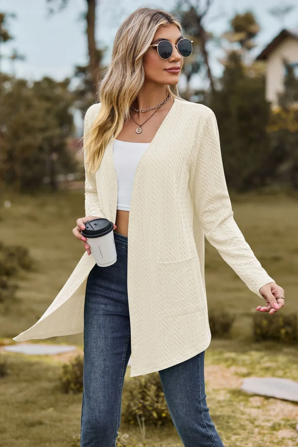 Cable-Knit Long Sleeve Cardigan with Pocket, image 16