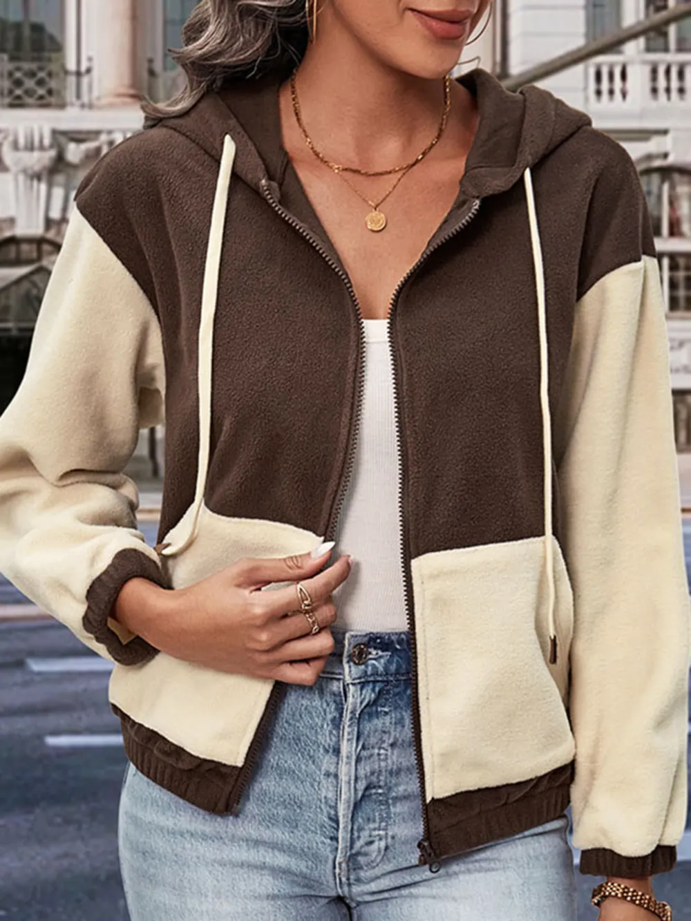 Two-Tone Zip-Up Dropped Shoulder Hooded Jacket, image 3