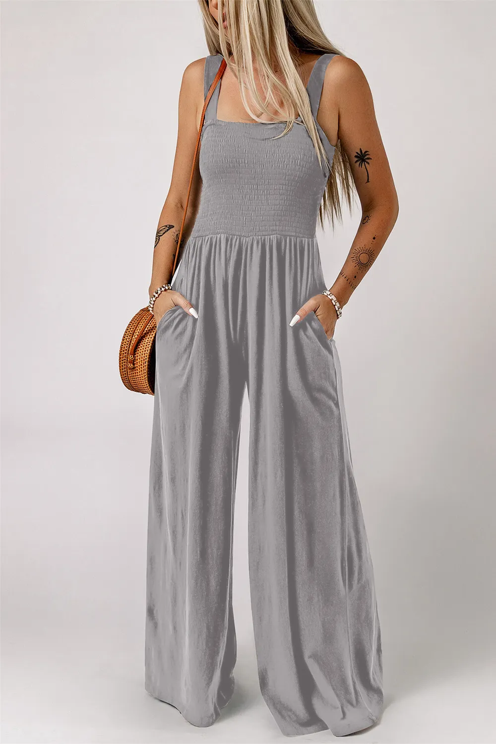 Smocked Square Neck Wide Leg Jumpsuit with Pockets, image 10