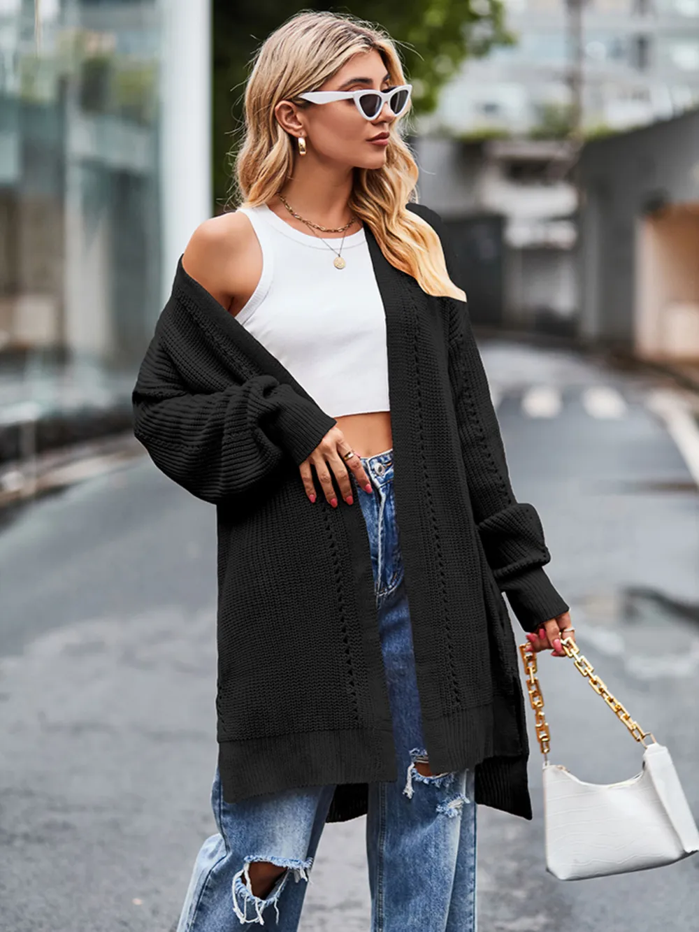 Long Sleeve Waffle-Knit Cardigan, image 13