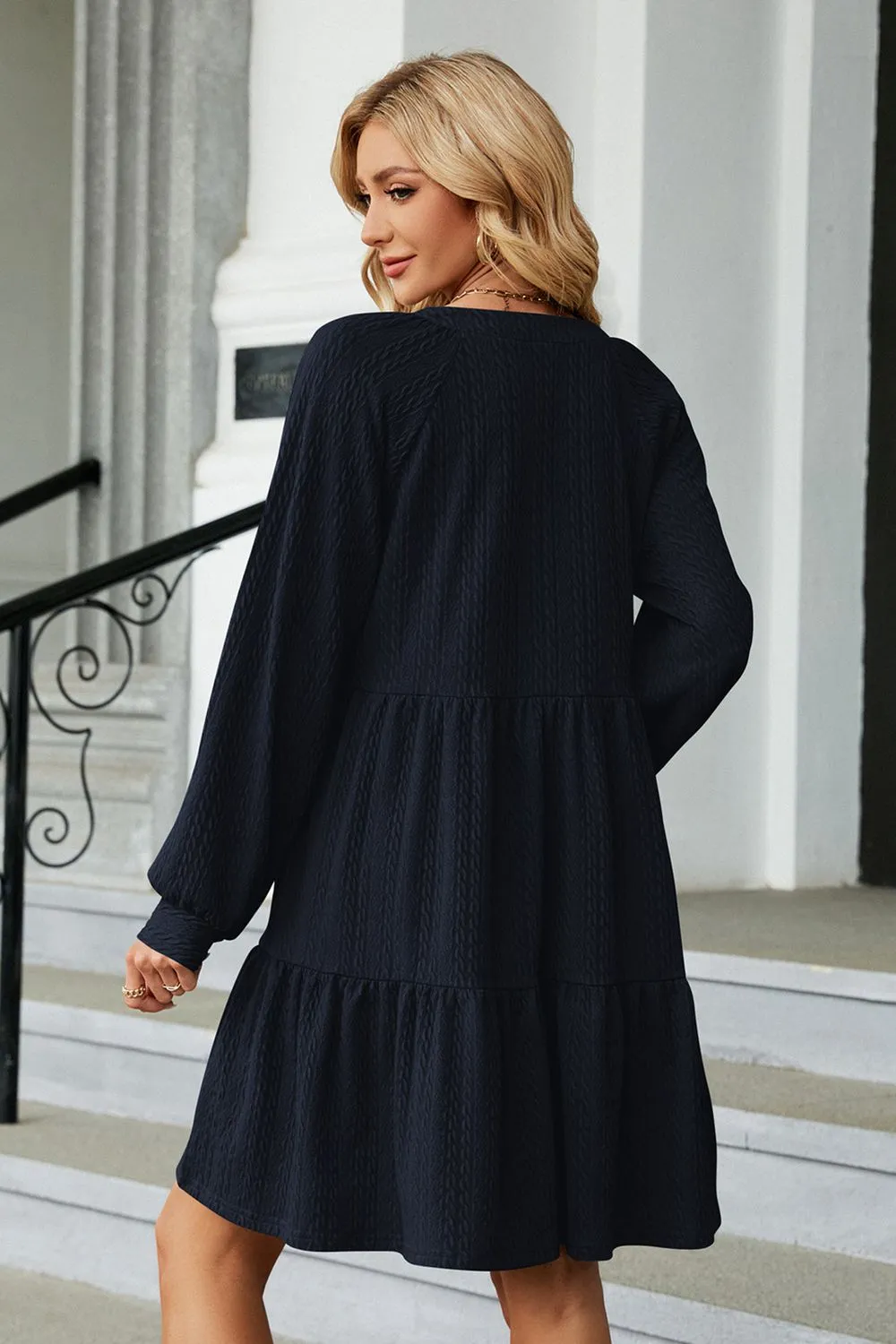 Notched Neck Long Sleeve Mini Dress, image 18