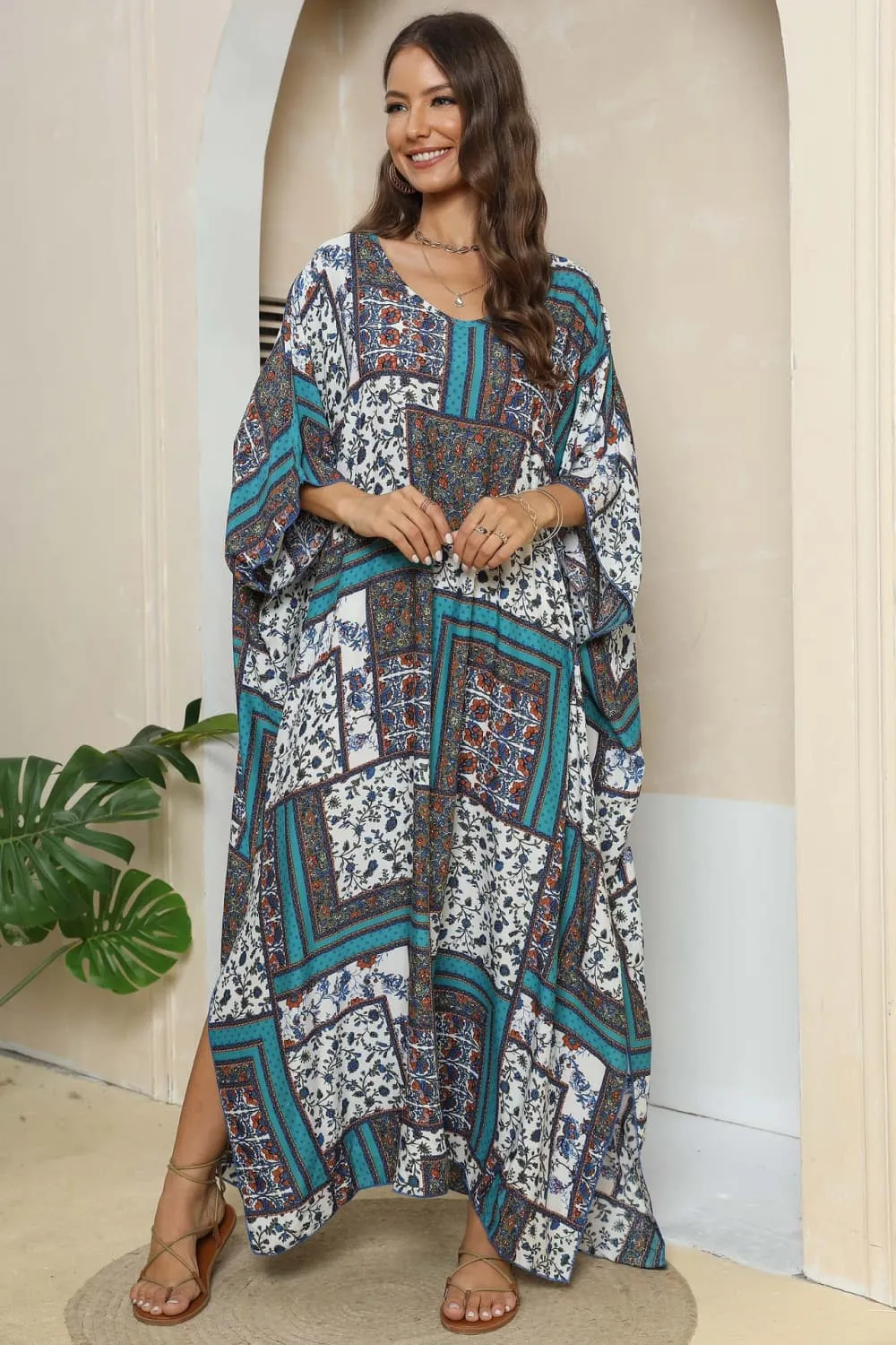 Printed V-Neck Split Maxi Dress, image 4