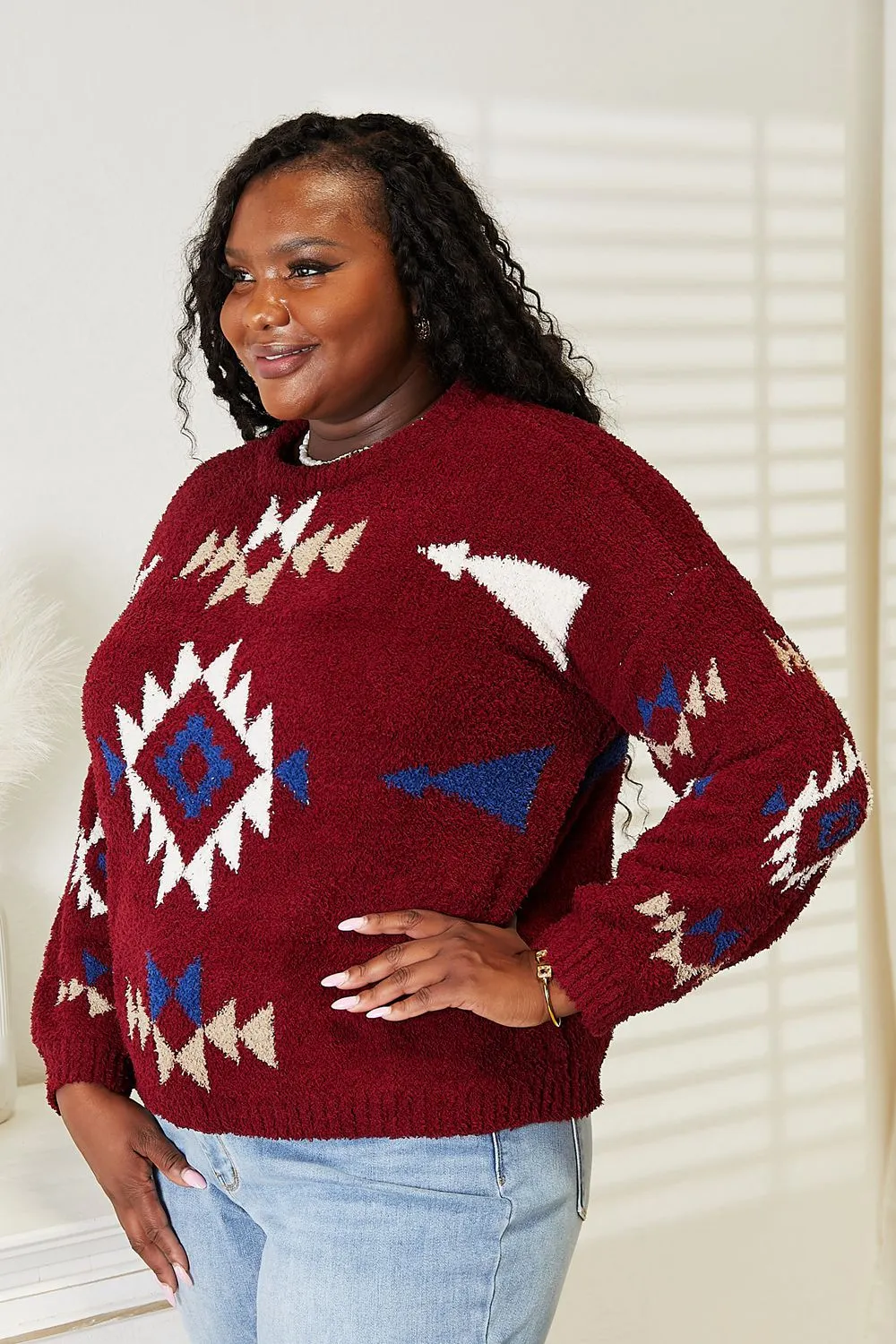 Full Size Aztec Soft Fuzzy Sweater, image 2