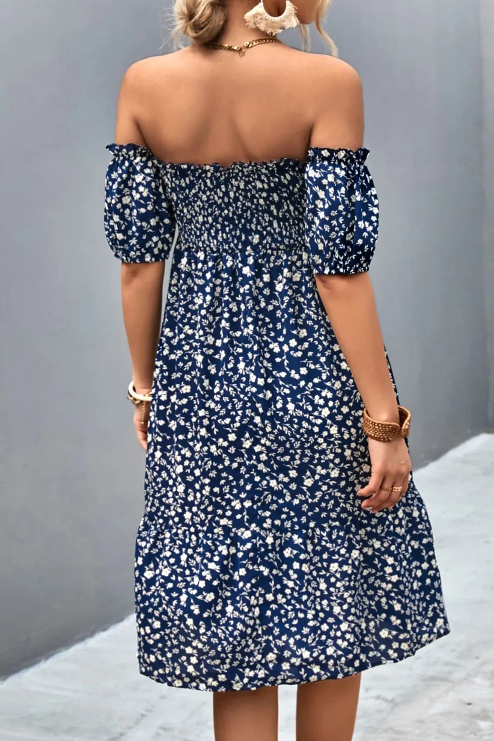 Ditsy Floral Smocked Frill Trim Off-Shoulder Dress, image 5