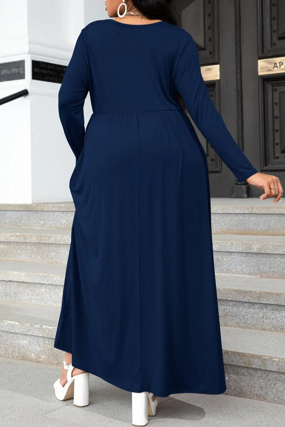 Plus Size Round Neck Long Sleeve Maxi Dress with Pockets, image 4