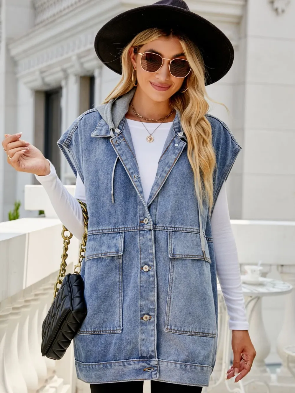 Hooded Sleeveless Denim Top with Pockets, image 7