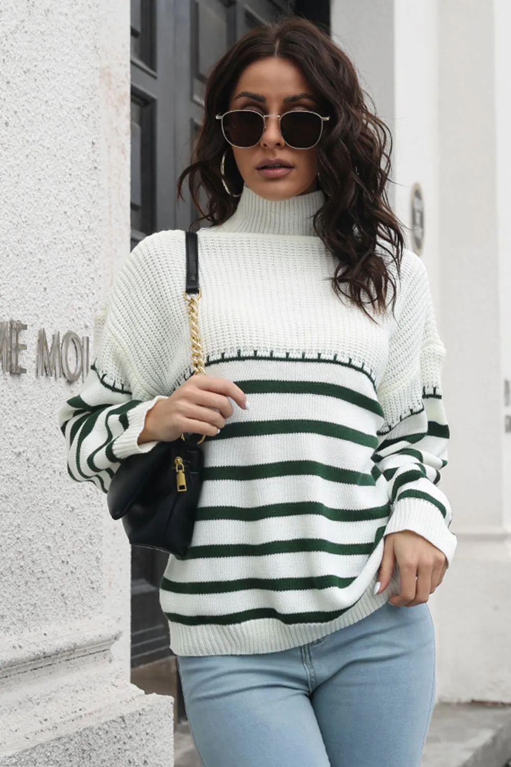 Striped Turtleneck Drop Shoulder Sweater, image 2