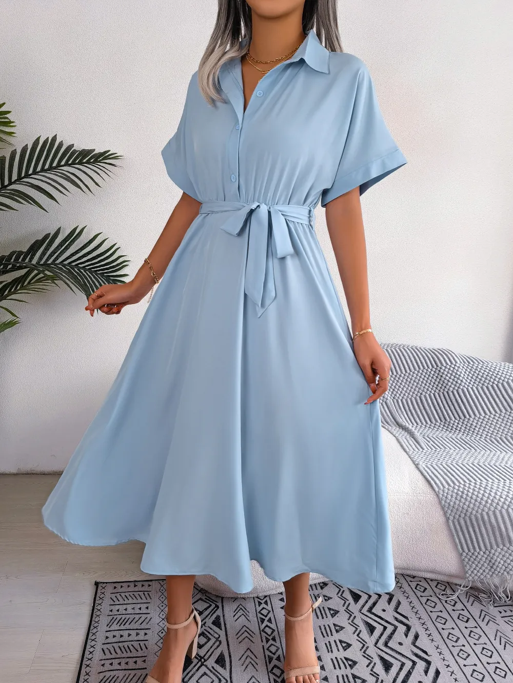 Short Sleeve Collared Tie Belt Dress, image 5