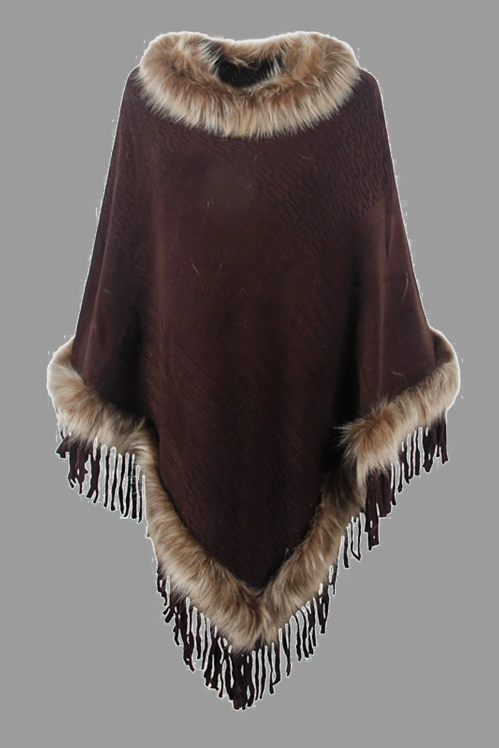 Faux Fur Trim Fringed Poncho, image 9