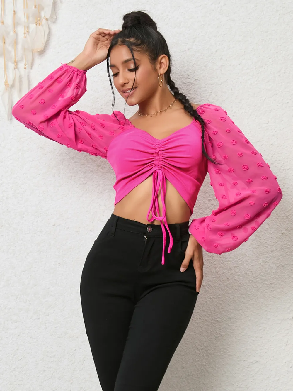 Swiss Dot Drawstring Cropped Blouse, image 3
