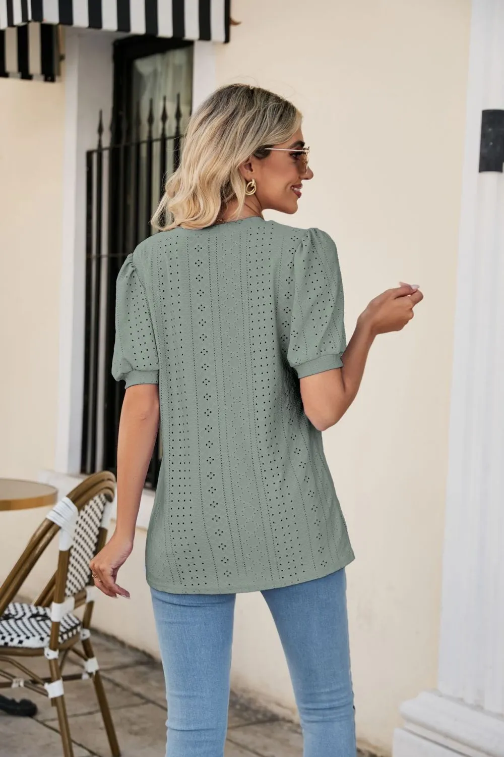 Eyelet Puff Sleeve V-Neck Top, image 16