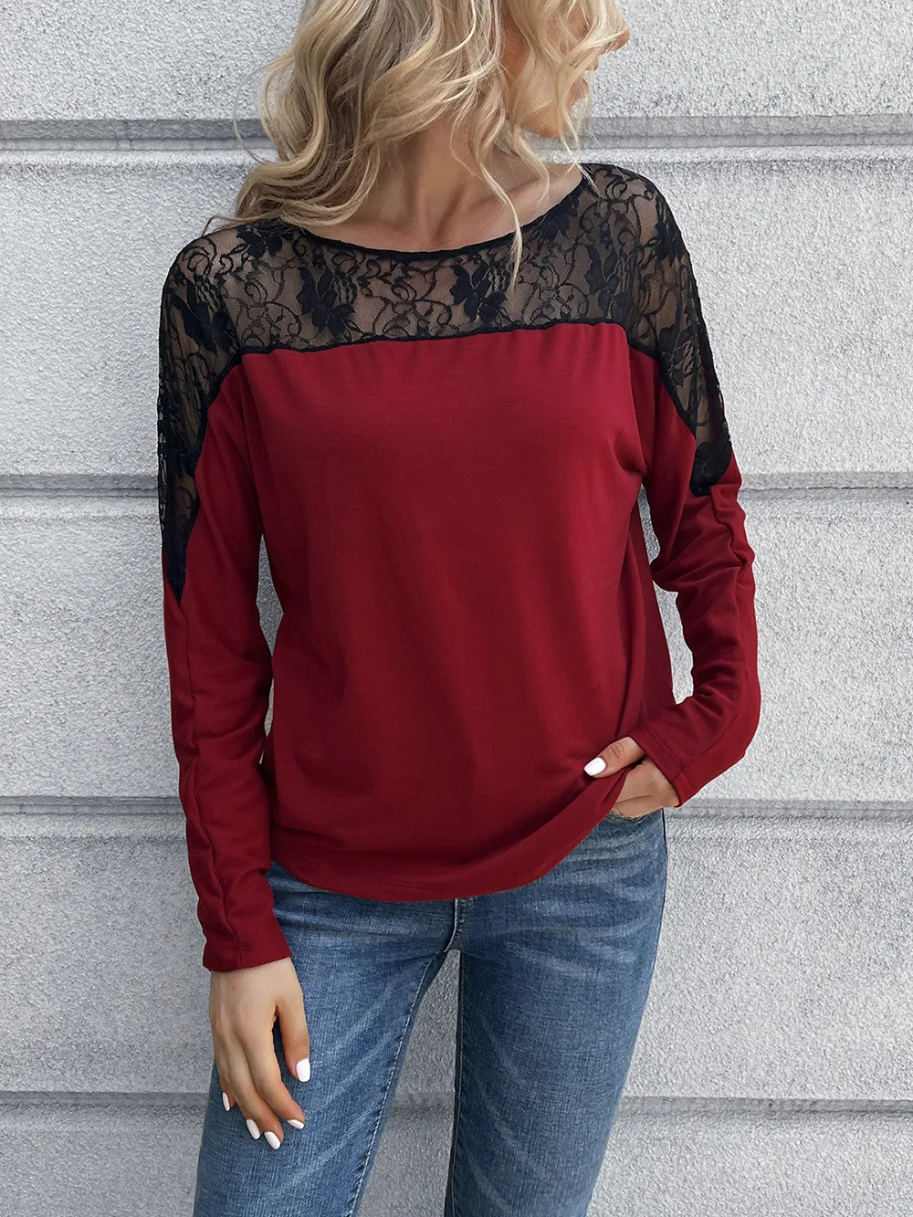 Lace Long Sleeve Round Neck Tee, image 11