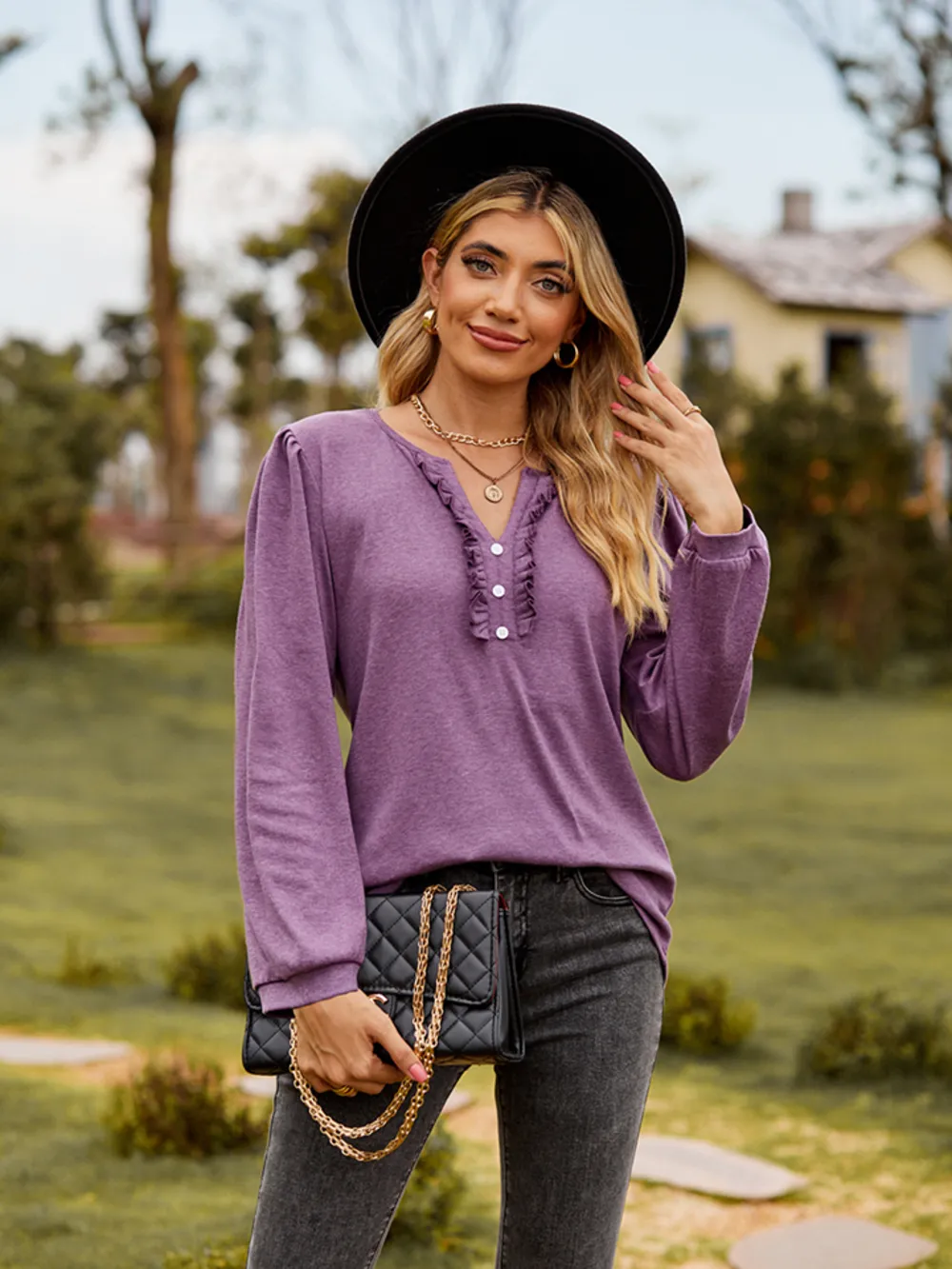 Puff Sleeve Ruffle Trim Blouse, image 2