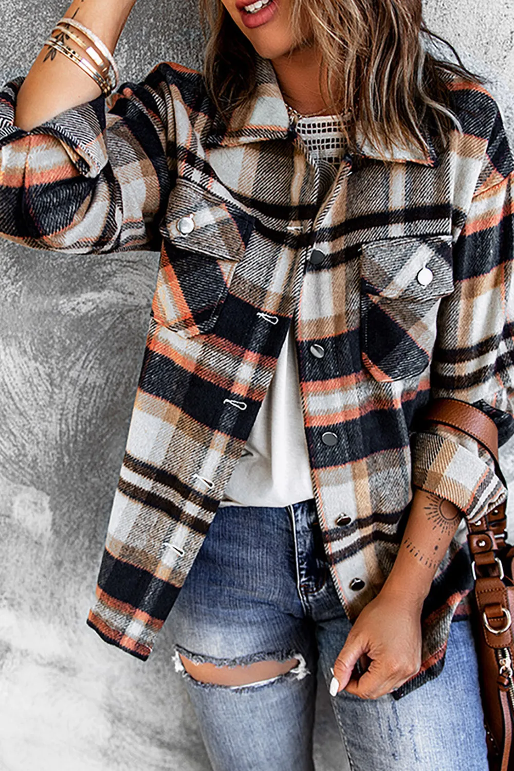 Plaid Button Front Shirt Jacket with Breast Pockets, image 14