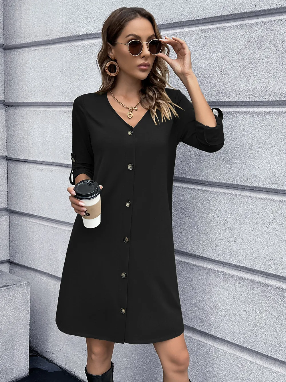 Button Down V-Neck Mini Dress, image 10