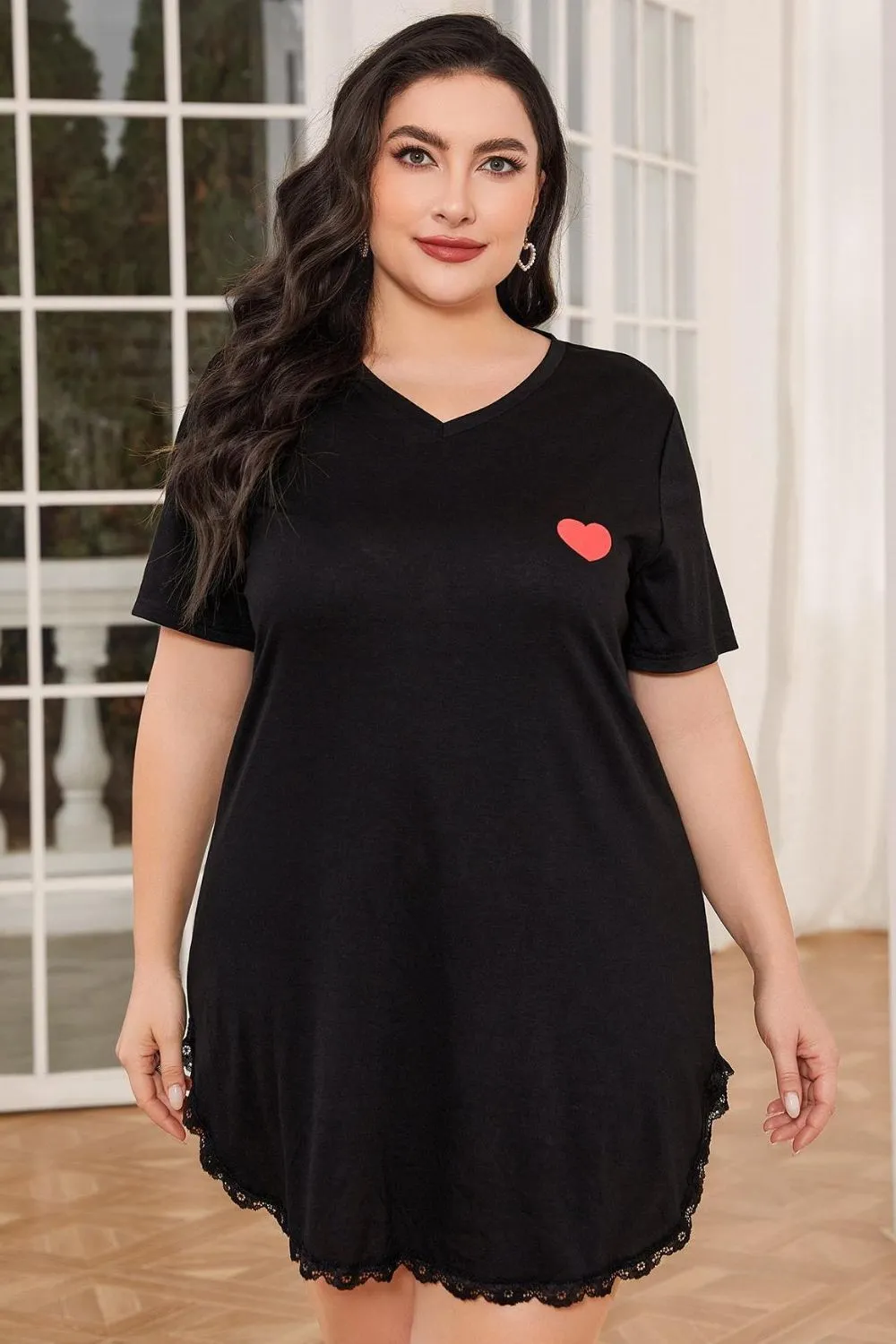 Plus Size Lace Trim V-Neck Short Sleeve Night Dress, image 3