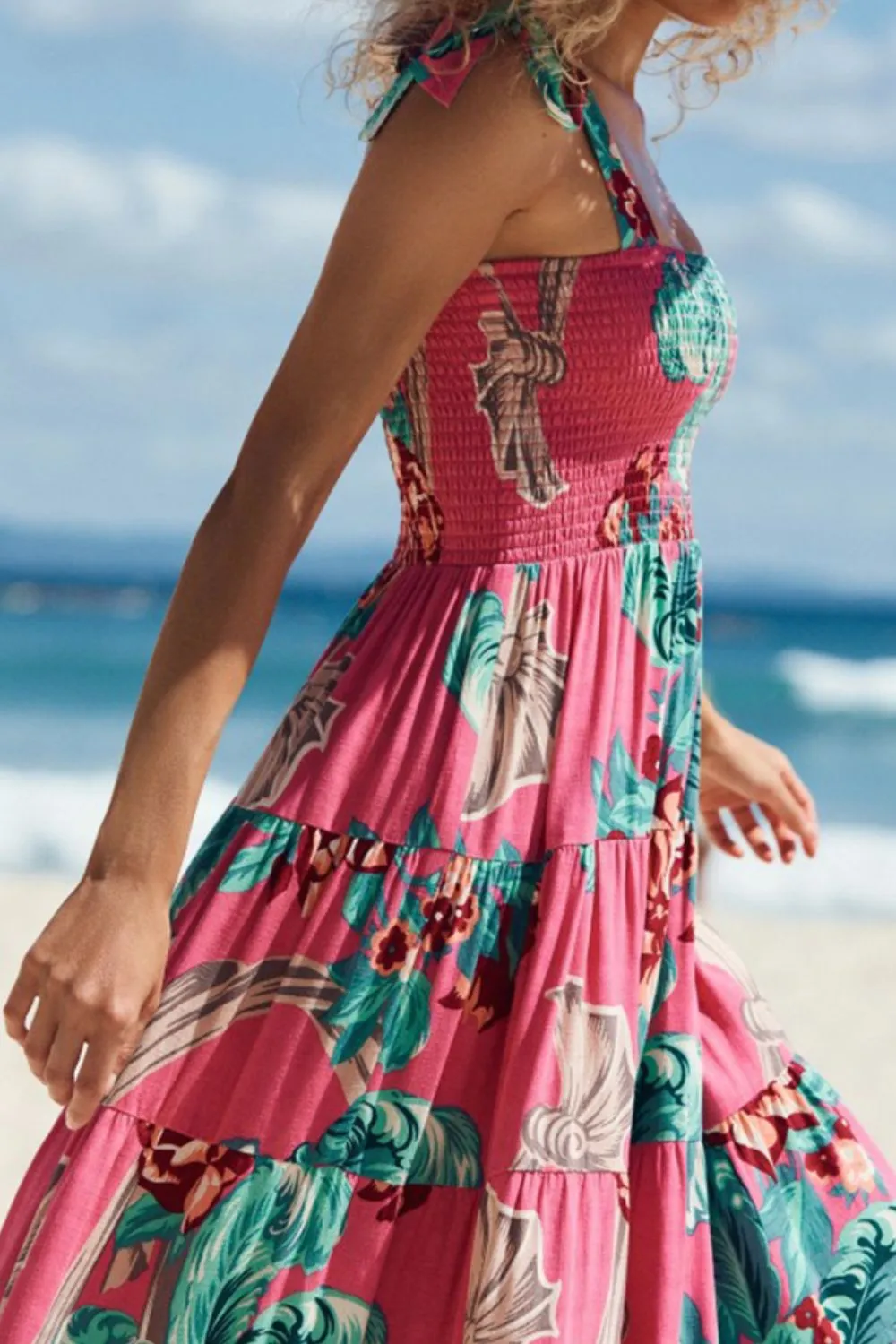 Floral Smocked Tie-Shoulder Tiered Dress, image 4