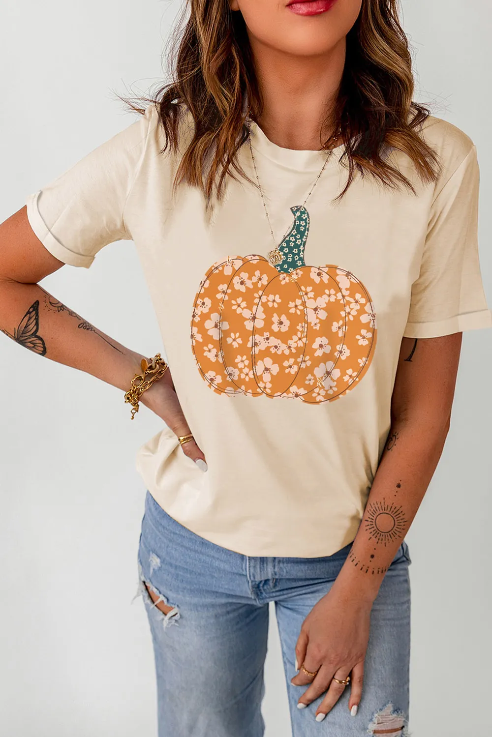 Pumpkin Graphic Round Neck Cuffed T-Shirt, image 3