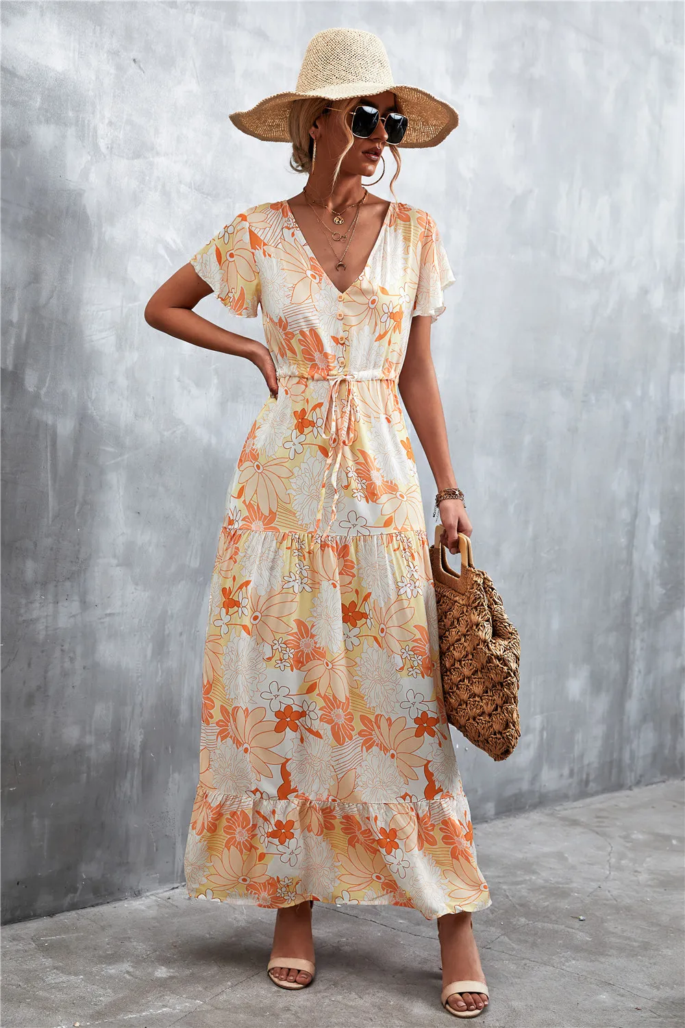 Floral Buttoned Drawstring Waist Tiered Dress, image 12