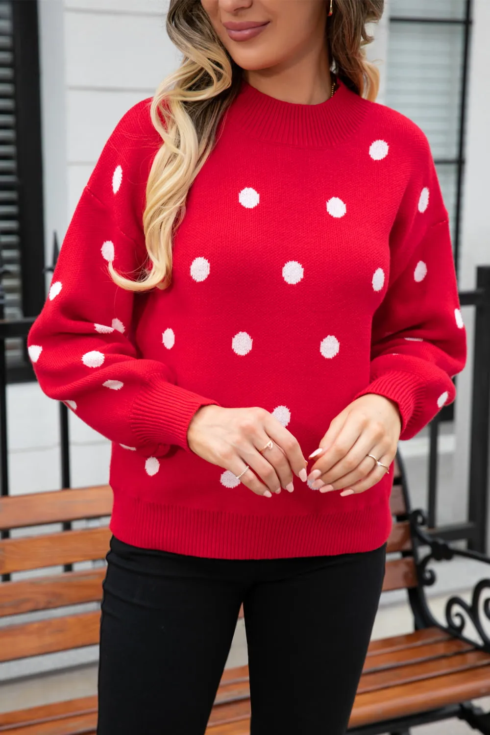 Polka Dot Round Neck Dropped Shoulder Sweater, image 14