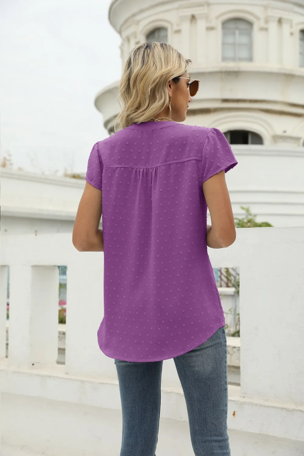 Swiss Dot Notched Neck Short Sleeve Top, image 26