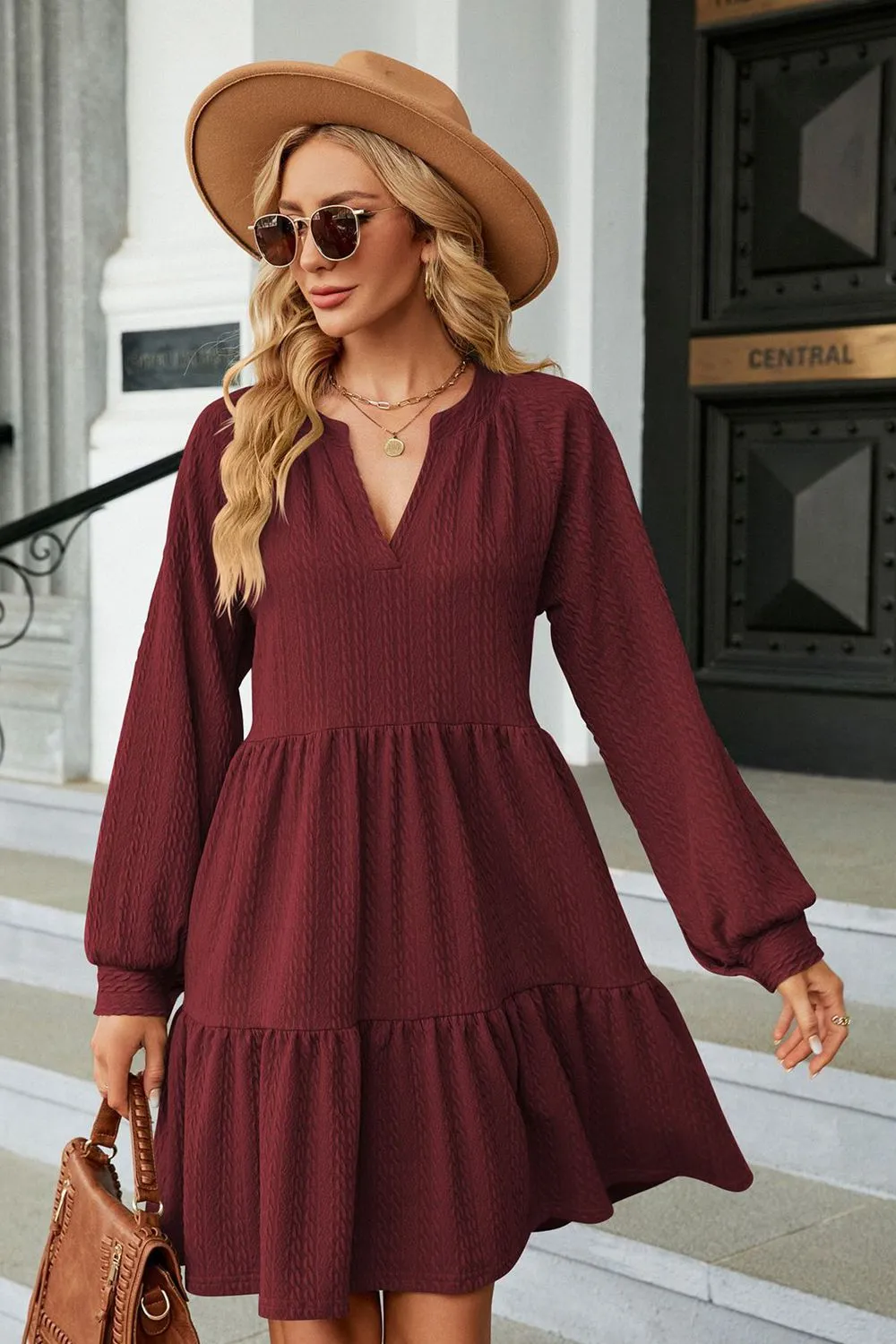 Notched Neck Long Sleeve Mini Dress, image 11