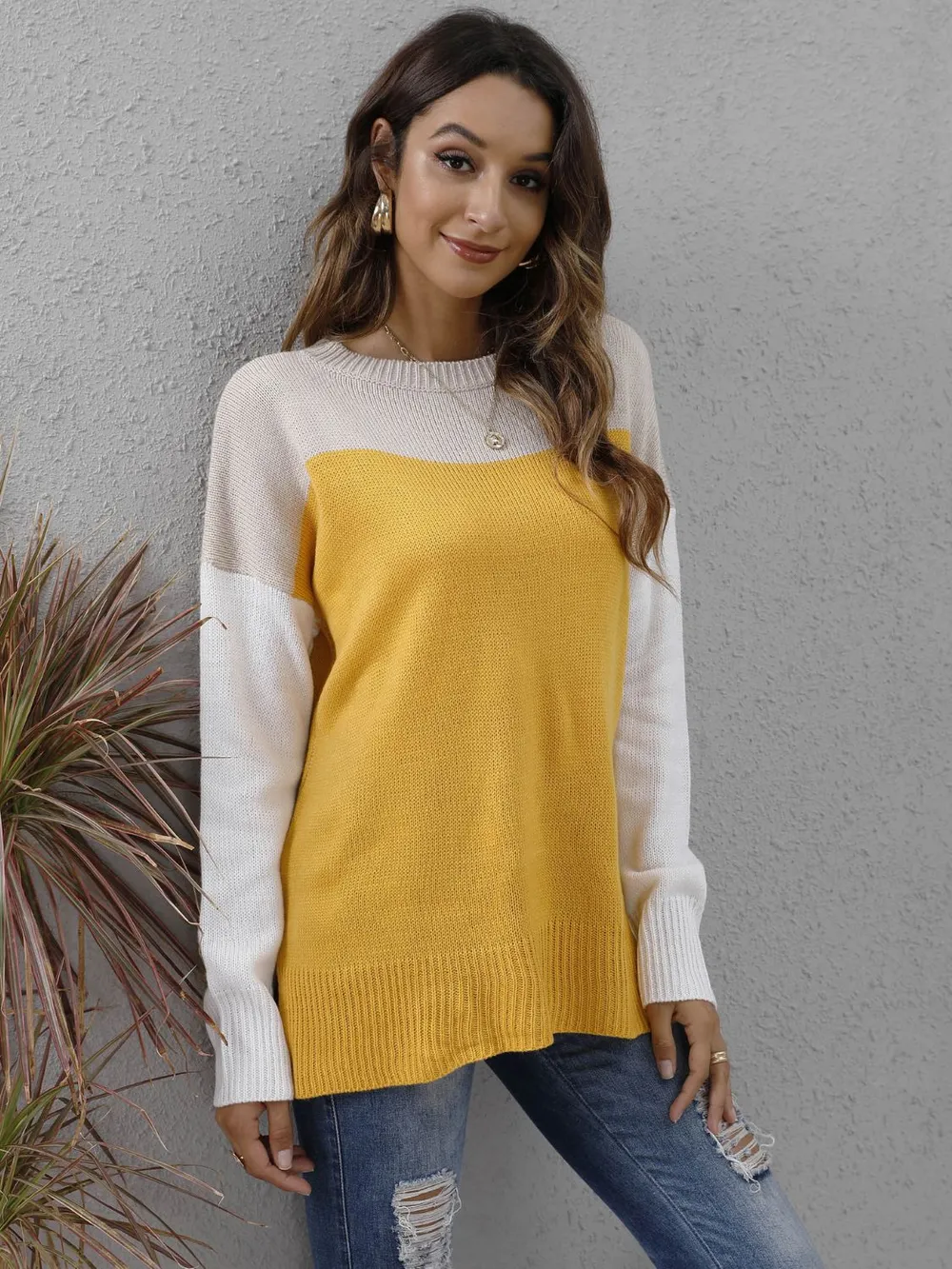 Color Block Round Neck Dropped Shoulder Sweater, image 6