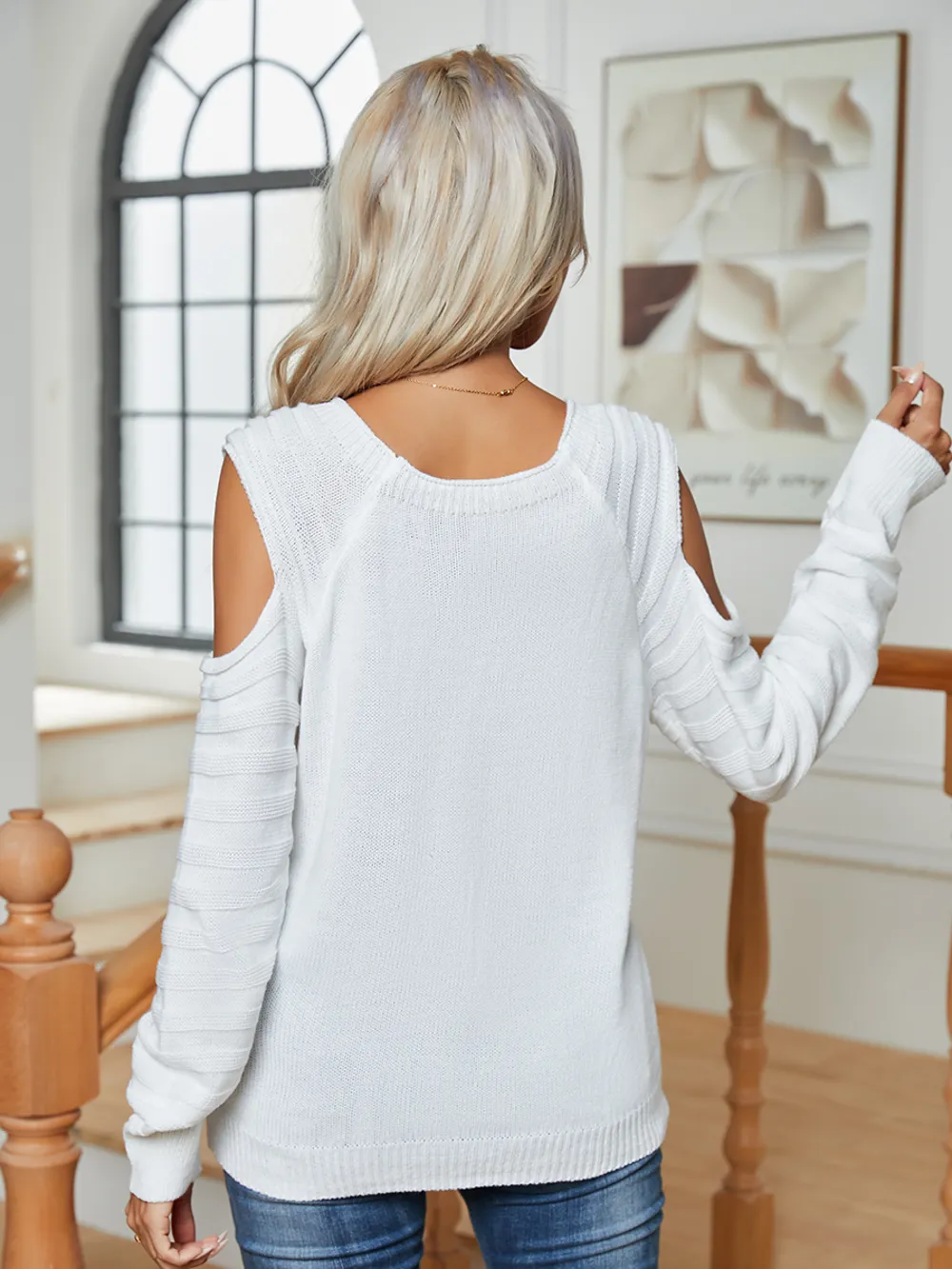 Decorative Button Cold-Shoulder Sweater, image 7