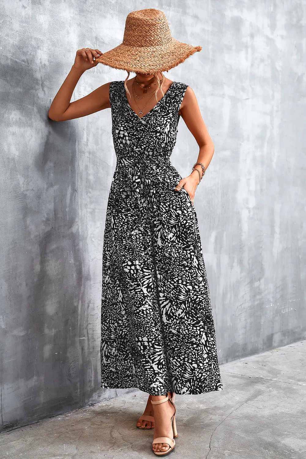 Printed V-Neck Tie Waist Maxi Dress, image 11